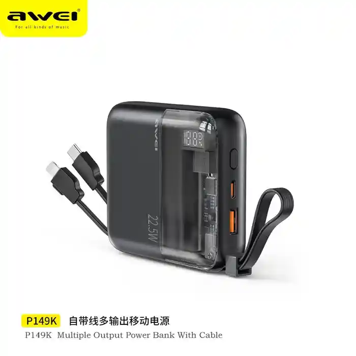 Awei P149K Mini Portable Power Bank 10000mAH With Cable PD 22.5W Fast Charge External Battery Multi Output Powerbank For Phone